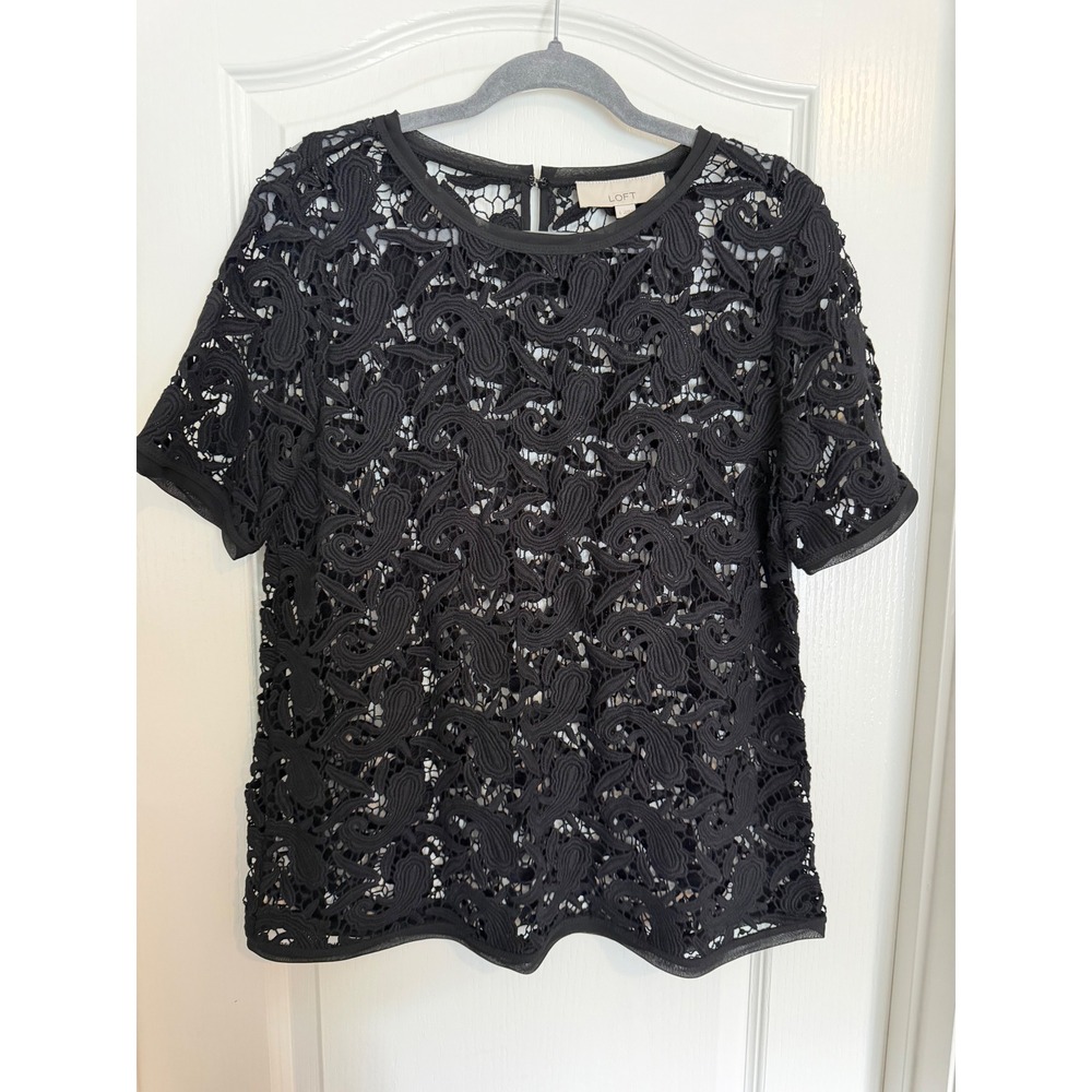 LOFT Black Lace Top Women Paisley Corded Short Sleeve EUC L